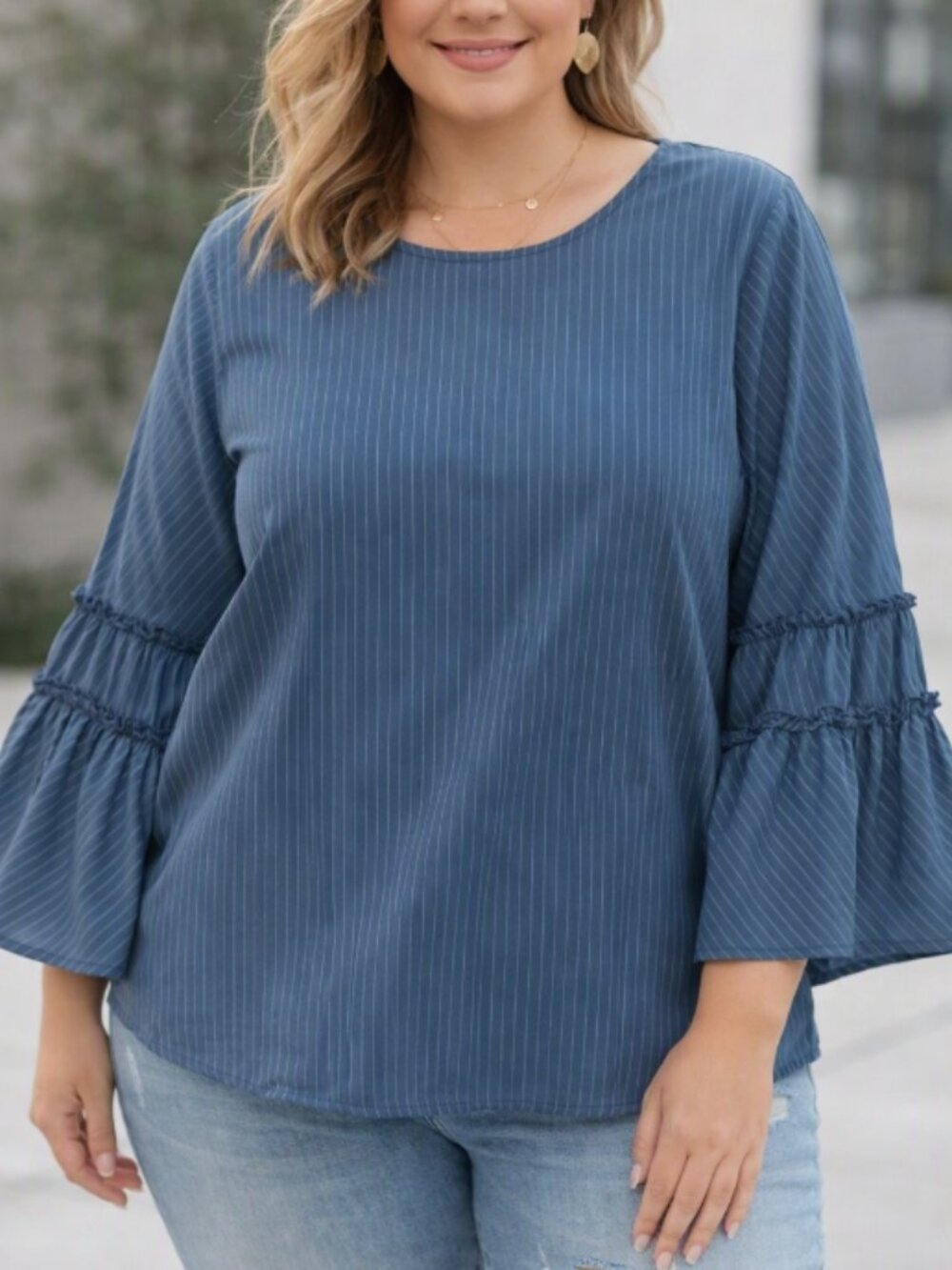 Express Blue Pinstripe Ruffle Bell Sleeve Top Blouse L Modern Chic Minimalist